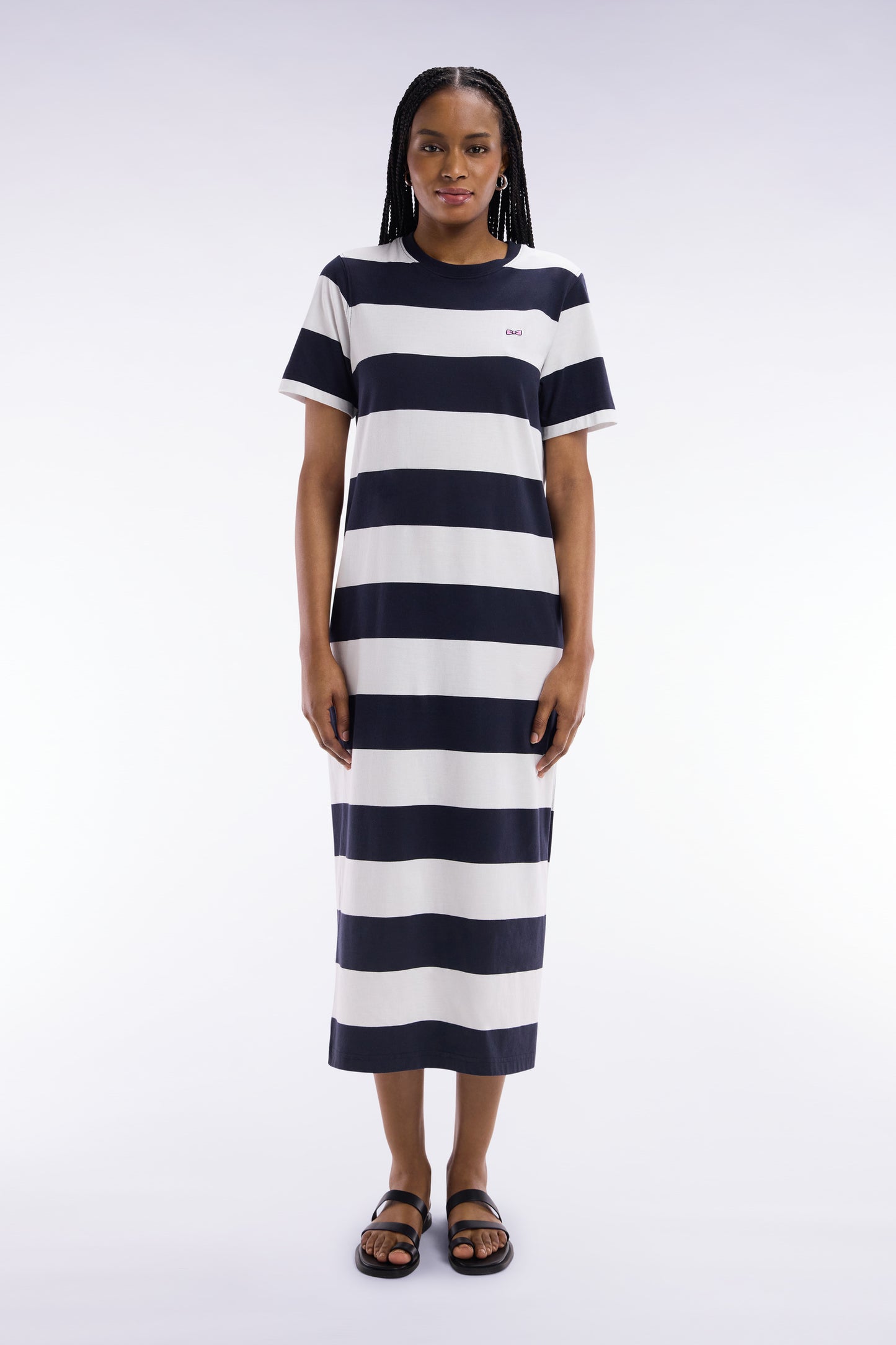 Robe T-shirt cerclé en coton Pima marine et blanc coupe droite