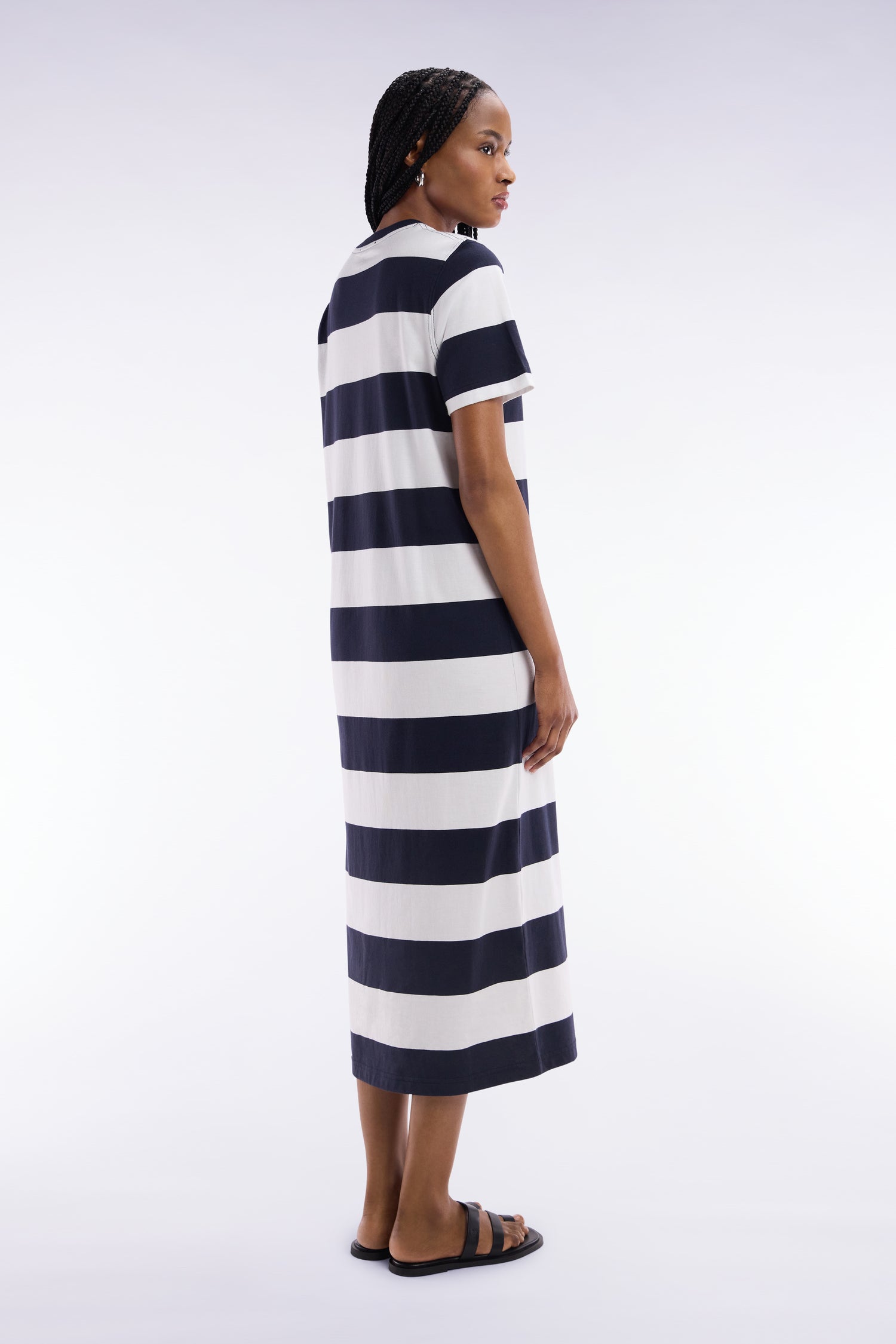 Robe T-shirt cerclé en coton Pima marine et blanc coupe droite