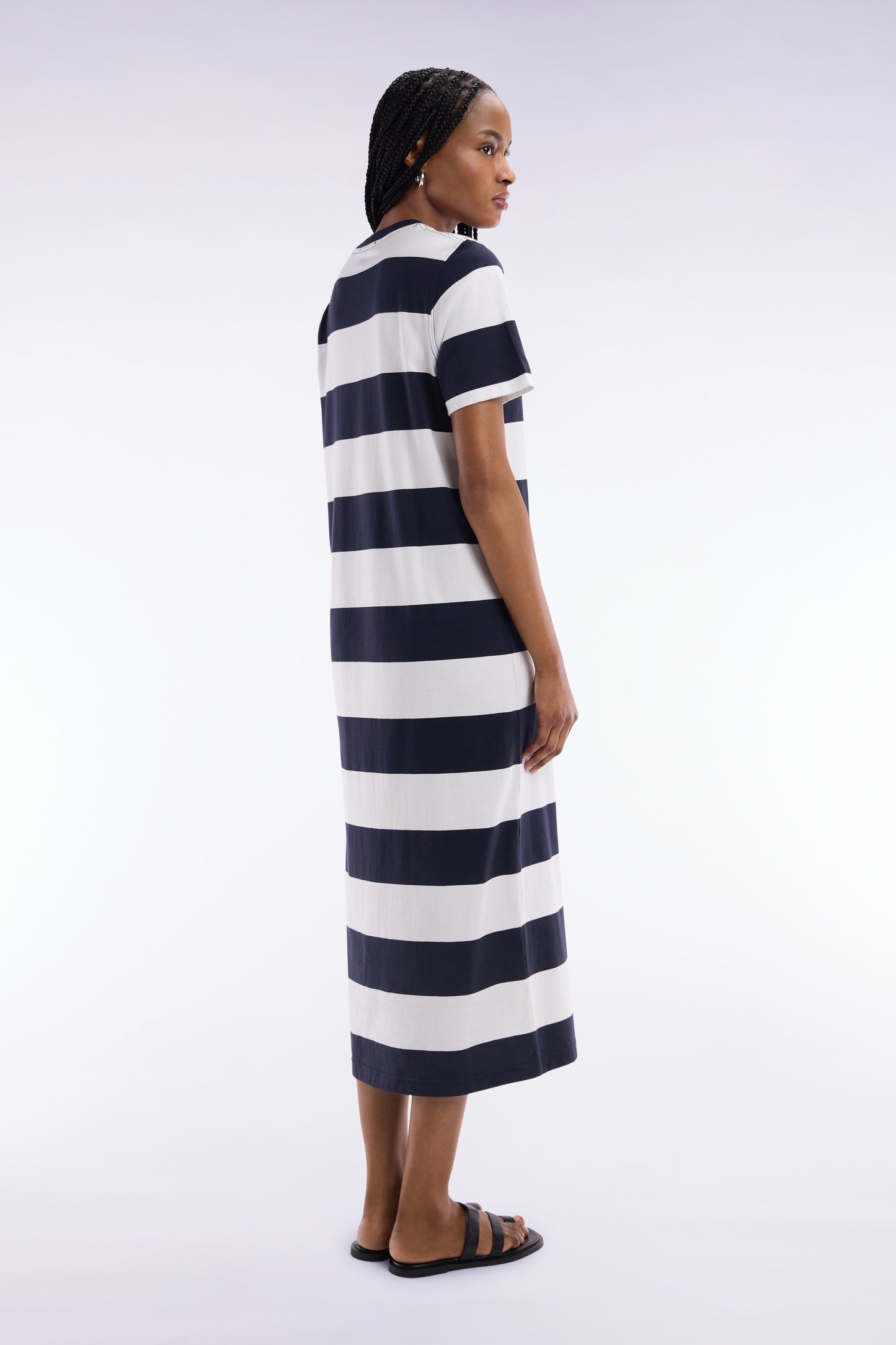Robe T-shirt cerclé en coton Pima marine et blanc coupe droite