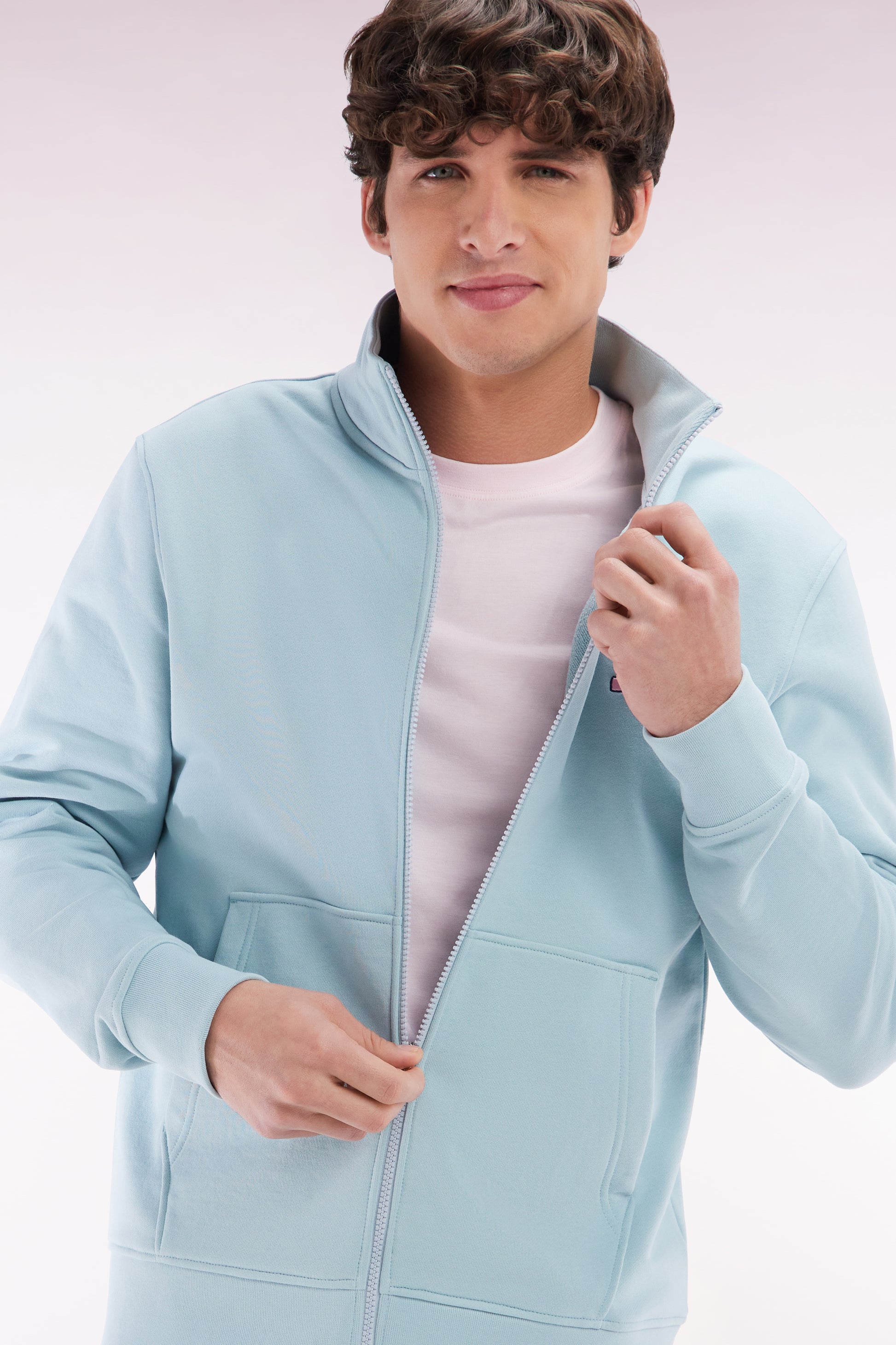Sweatshirt zippé en coton vert d'eau coupe droite