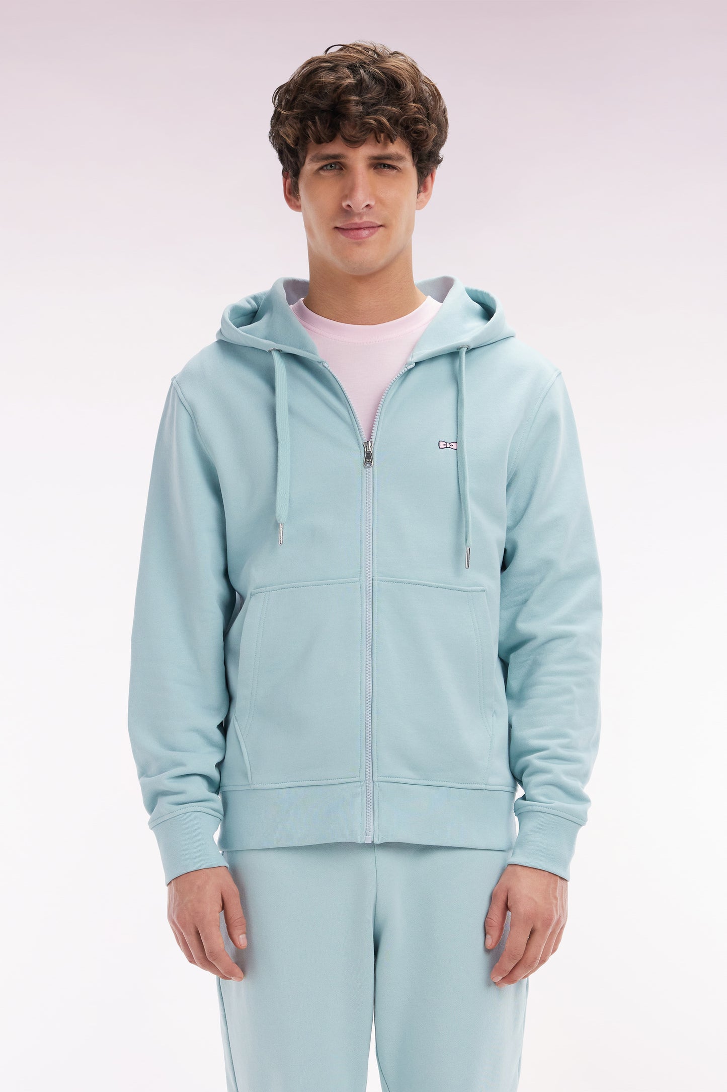 Straight-fit sea green cotton fleece zip-up sweatshirt