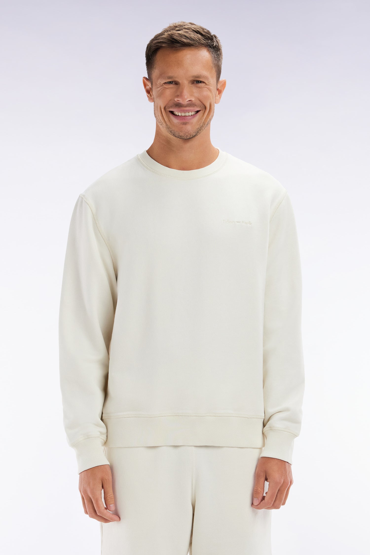 Sweatshirt surteint à col rond en molleton coton beige coupe décontractée