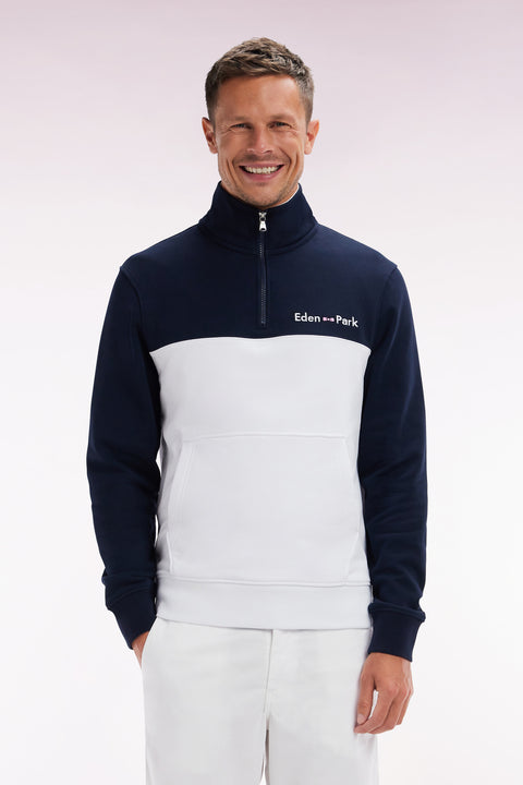 Sweatshirt à col camionneur en coton bicolore blanc et marine coupe droite - Image 1