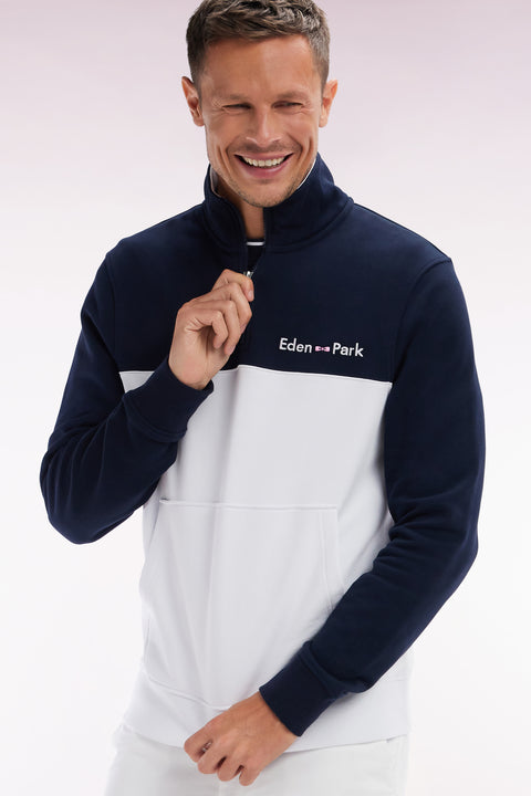 Sweatshirt à col camionneur en coton bicolore blanc et marine coupe droite - Image 2