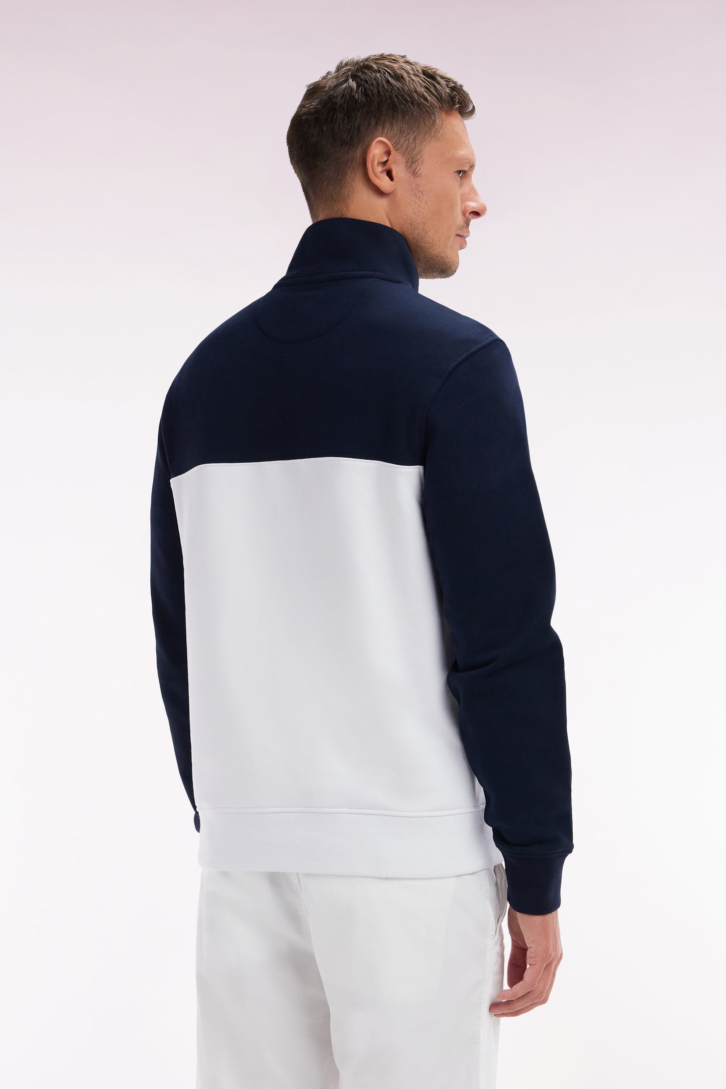 Straight-fit two-tone white and navy cotton trucker collar sweatshirt