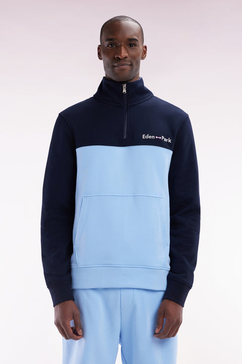 Sweatshirt à col camionneur en coton bicolore ciel et marine coupe droite - Image 1