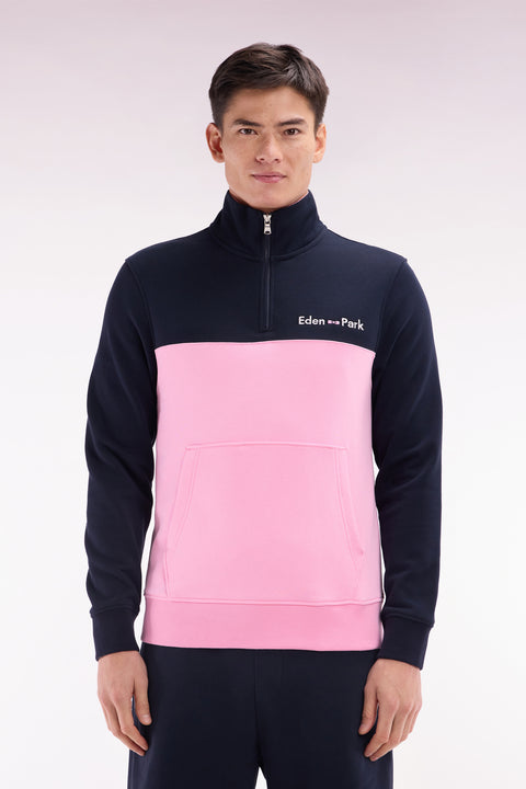 Sweatshirt à col camionneur en coton bicolore rose et marine coupe droite - Image 1