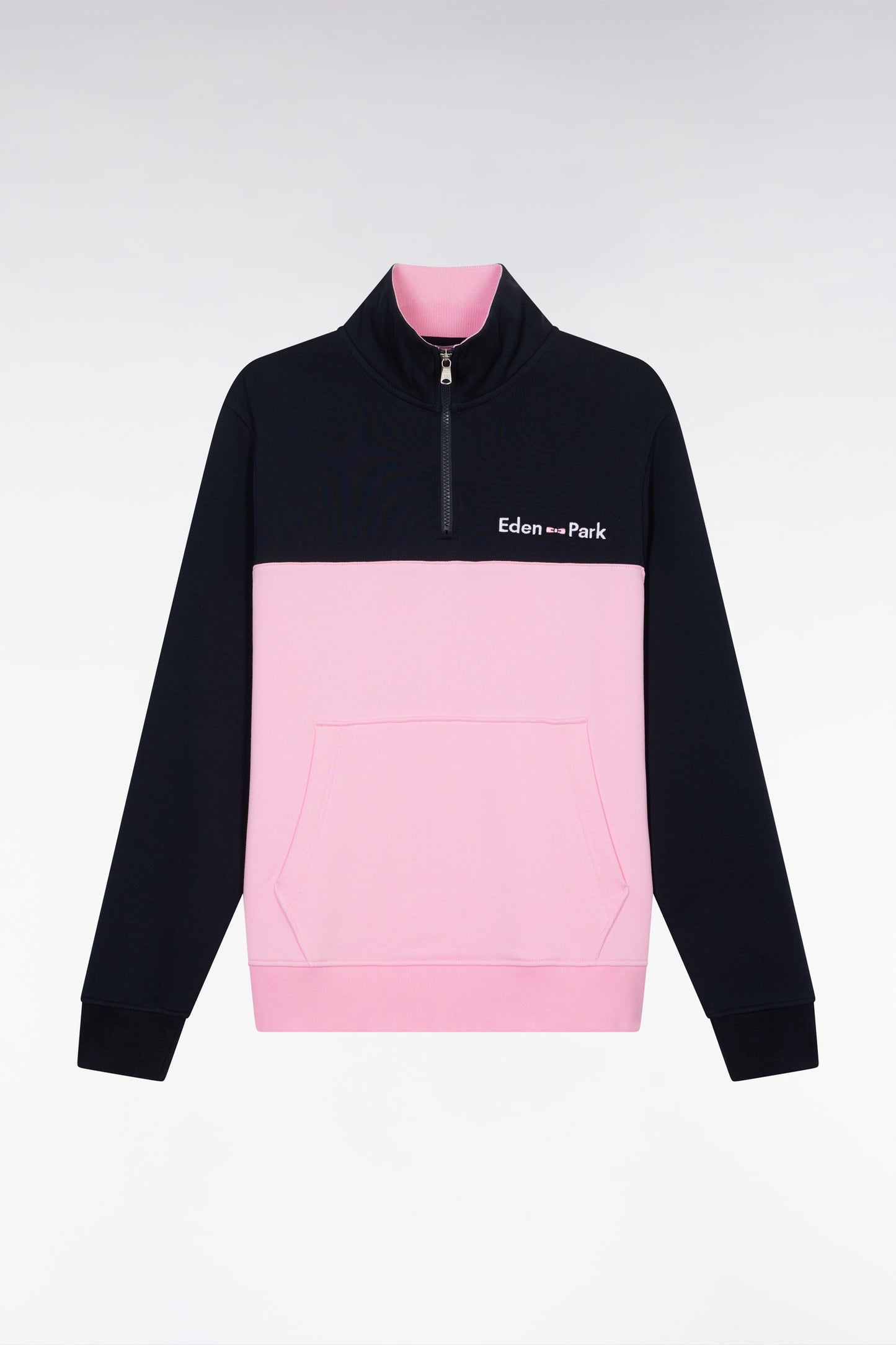 Straight-fit two-tone pink and navy cotton trucker collar sweatshirt
