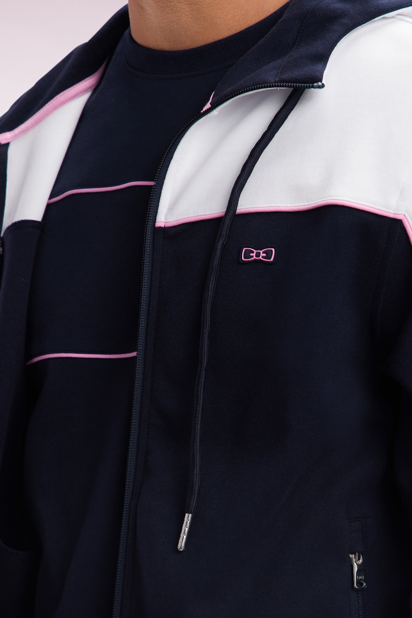 Straight-fit zip-up hooded sweatshirt in navy and white cotton