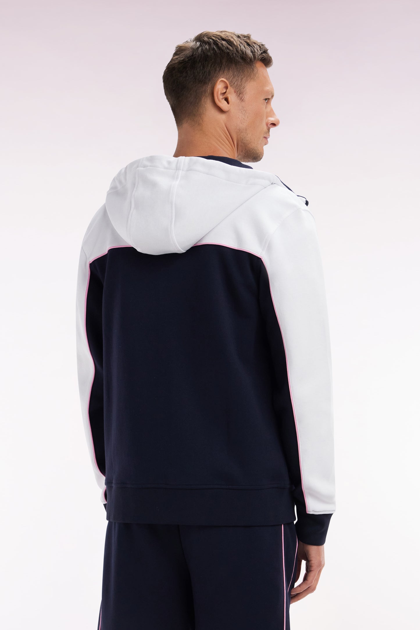 Straight-fit zip-up hooded sweatshirt in navy and white cotton