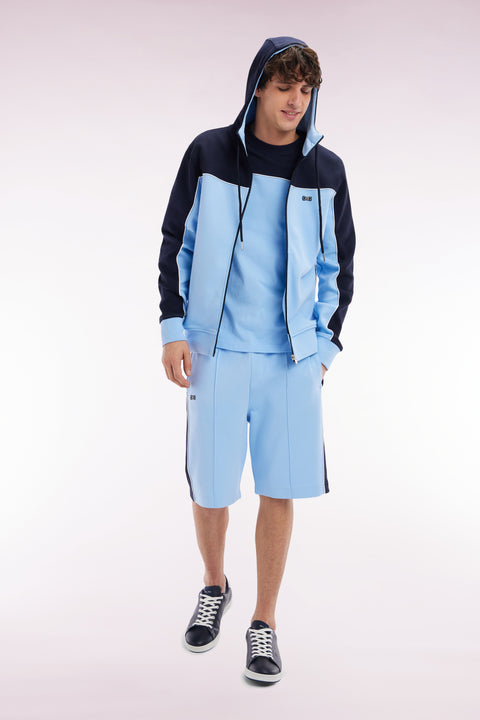 Sweatshirt zippé à capuche en coton ciel et blanc coupe droite - Image 3