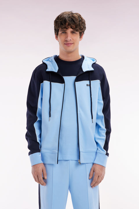 Sweatshirt zippé à capuche en coton ciel et blanc coupe droite - Image 1