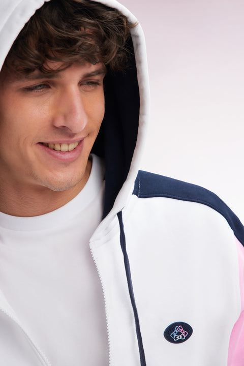 Sweatshirt zippé en molleton coton colorblock blanc coupe droite - Image 3