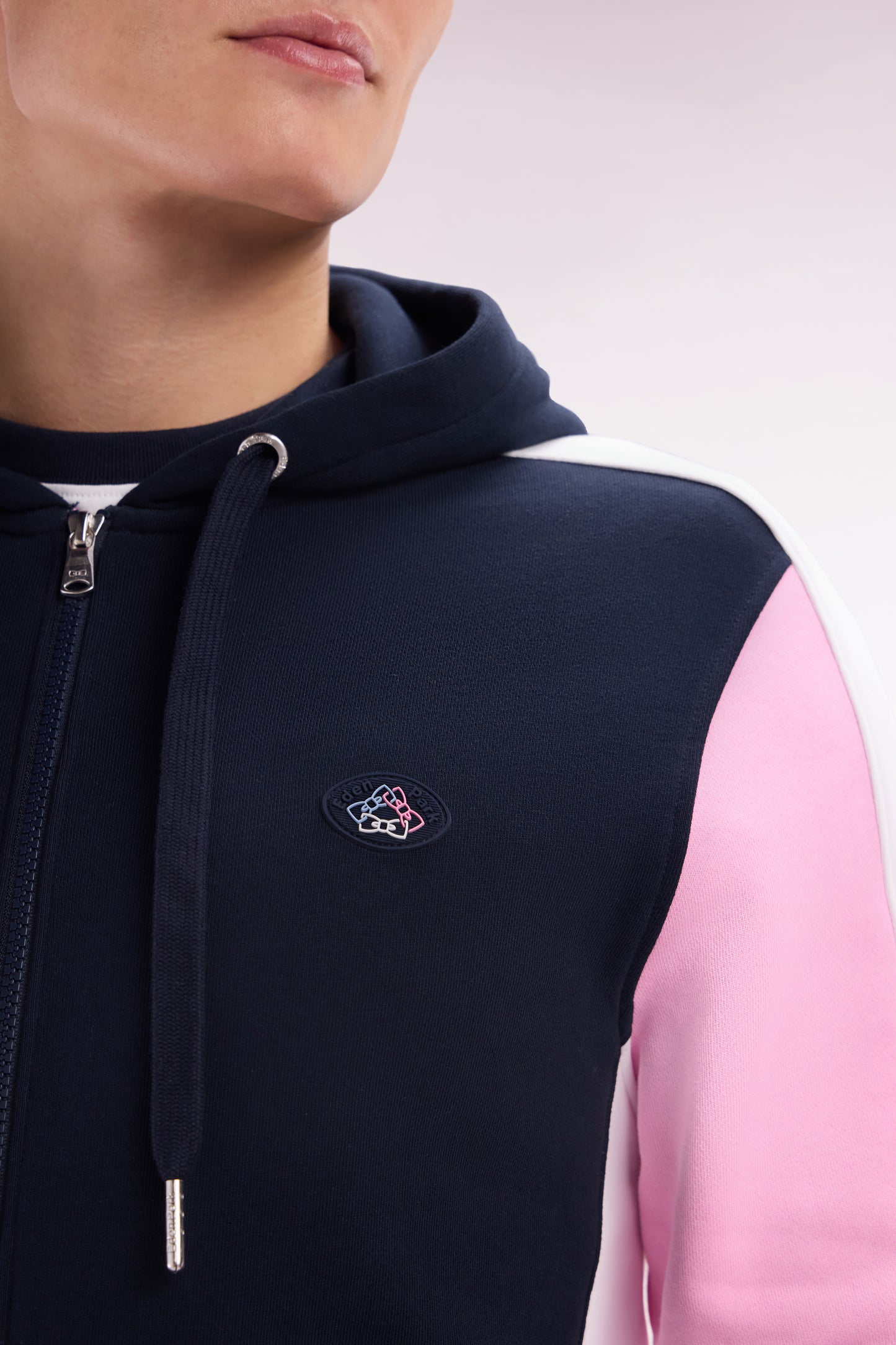 Straight-fit zipped sweatshirt in navy colorblock cotton fleece