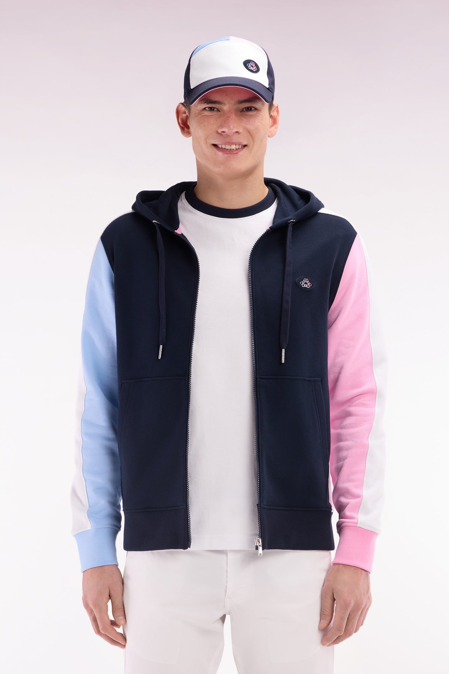 Straight-fit zipped sweatshirt in navy colorblock cotton fleece