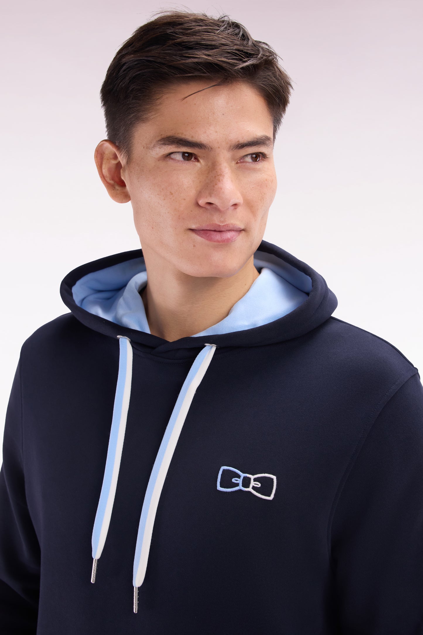 Relaxed-fit sky blue cotton hoodie with two-tone back embroidery