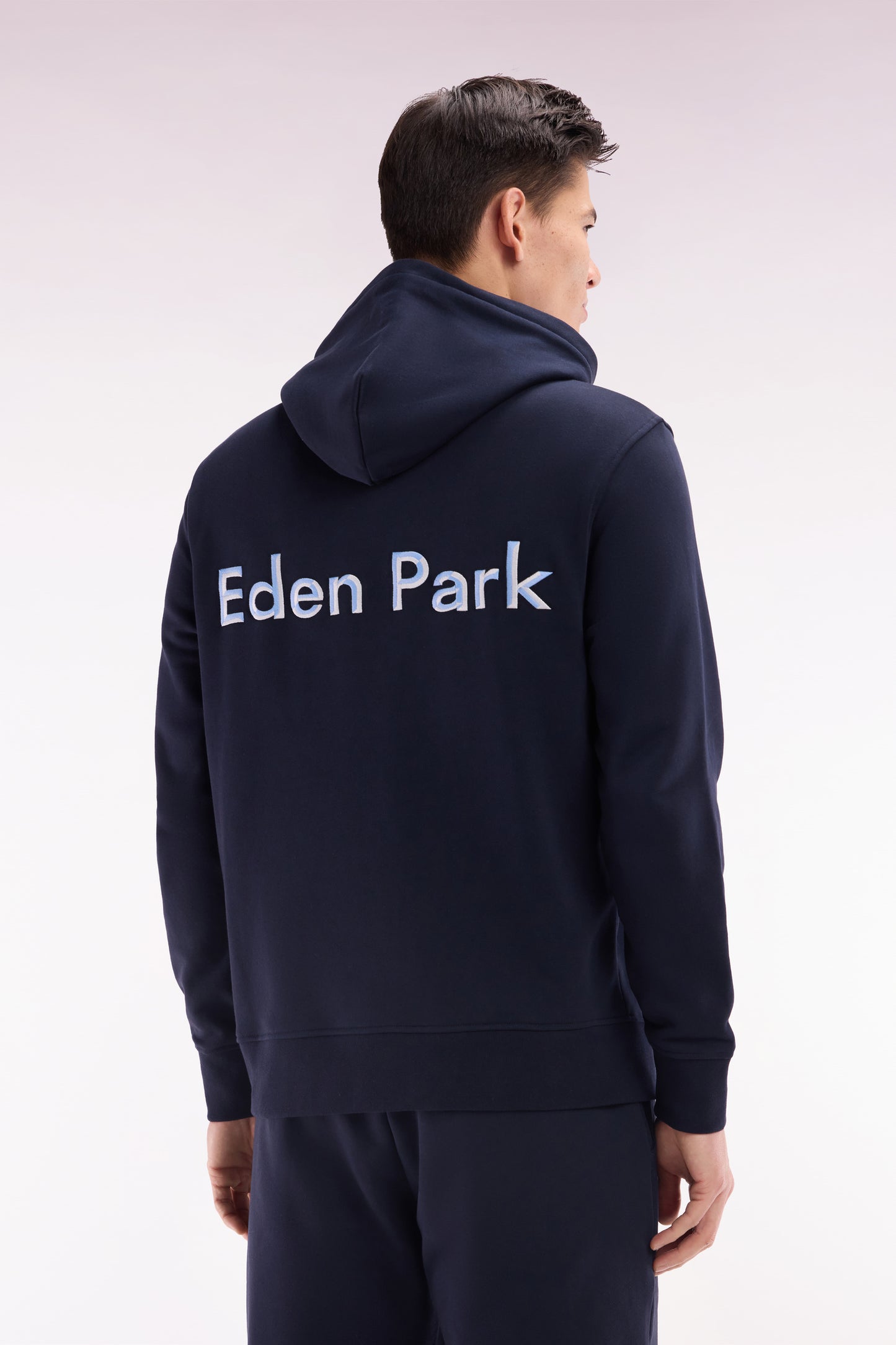 Relaxed-fit sky blue cotton hoodie with two-tone back embroidery