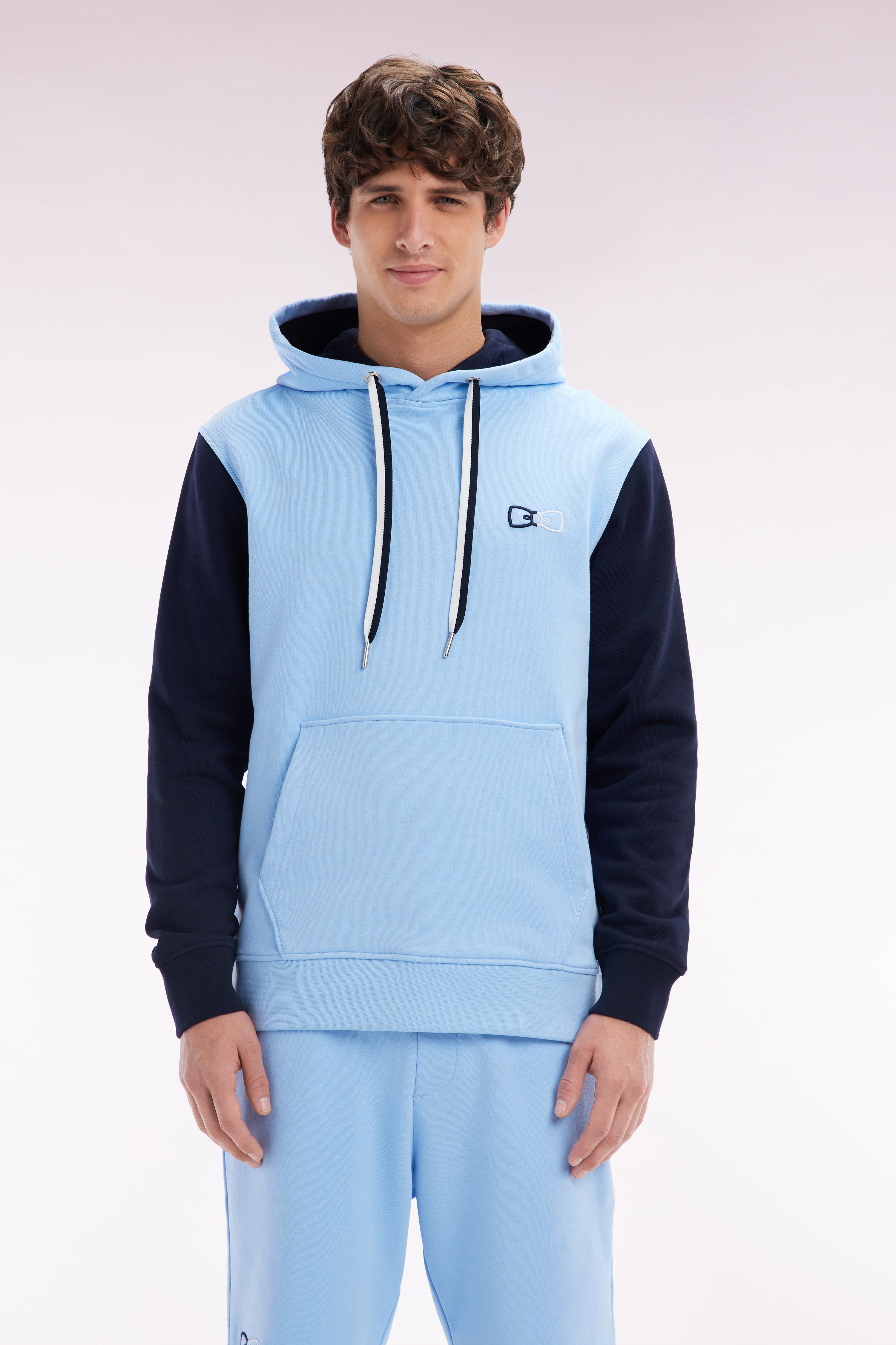 felpa con cappuccio in cotone blu navy vestibilità rilassata ricamo sul retro bicolore