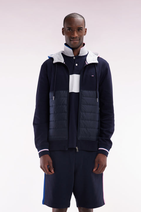 Sweatshirt zippé bimatière en molleton coton marine à parmenture matelassée coupe droite - Image 1