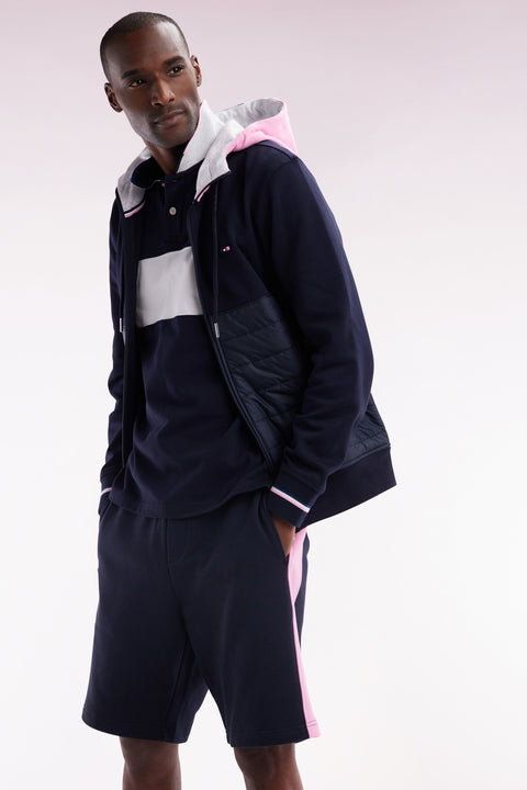 Sweatshirt zippé bimatière en molleton coton marine à parmenture matelassée coupe droite - Image 3