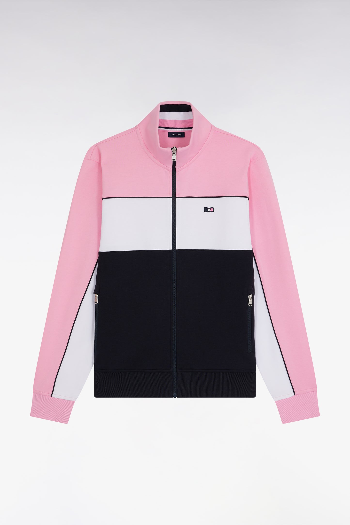 Straight-fit pink tricolor stretch cotton fleece zip-up sweatshirt