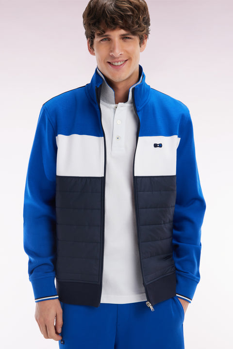 Sweatshirt zippé bimatière en molleton coton stretch marine parmenture matelassée coupe droite - Image 2