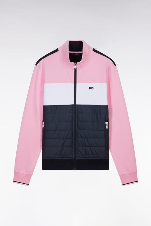 Sweatshirt zippé bimatière en molleton coton stretch rose parmenture matelassée coupe droite - Image 2
