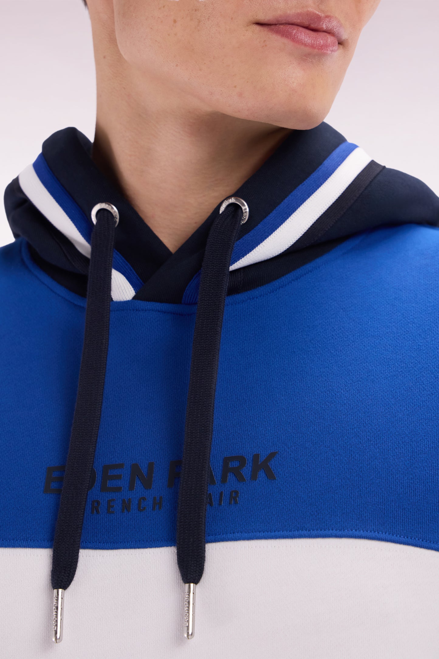 Relaxed-fit blue tricolor cotton fleece hoodie