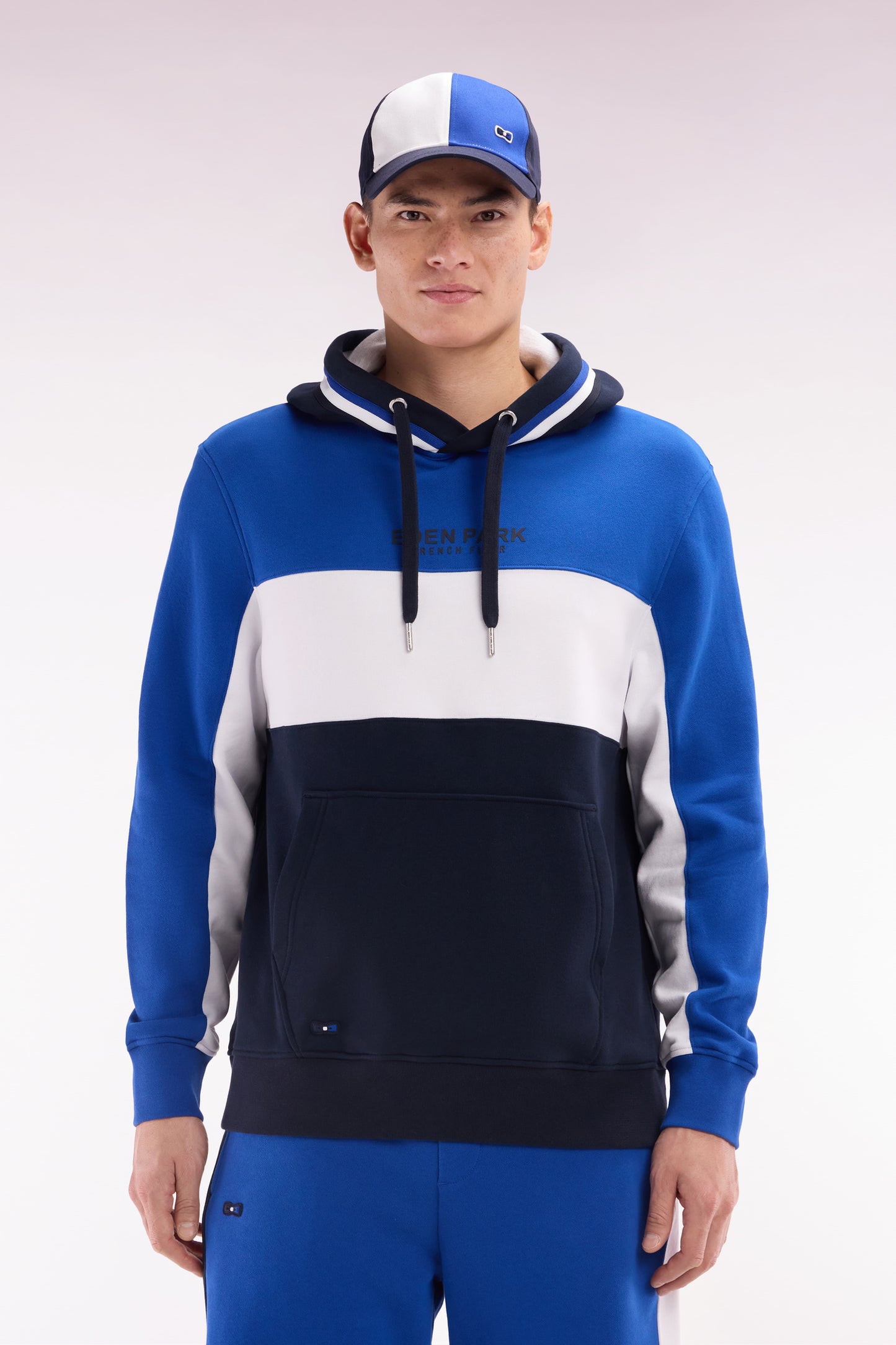 Relaxed-fit blue tricolor cotton fleece hoodie