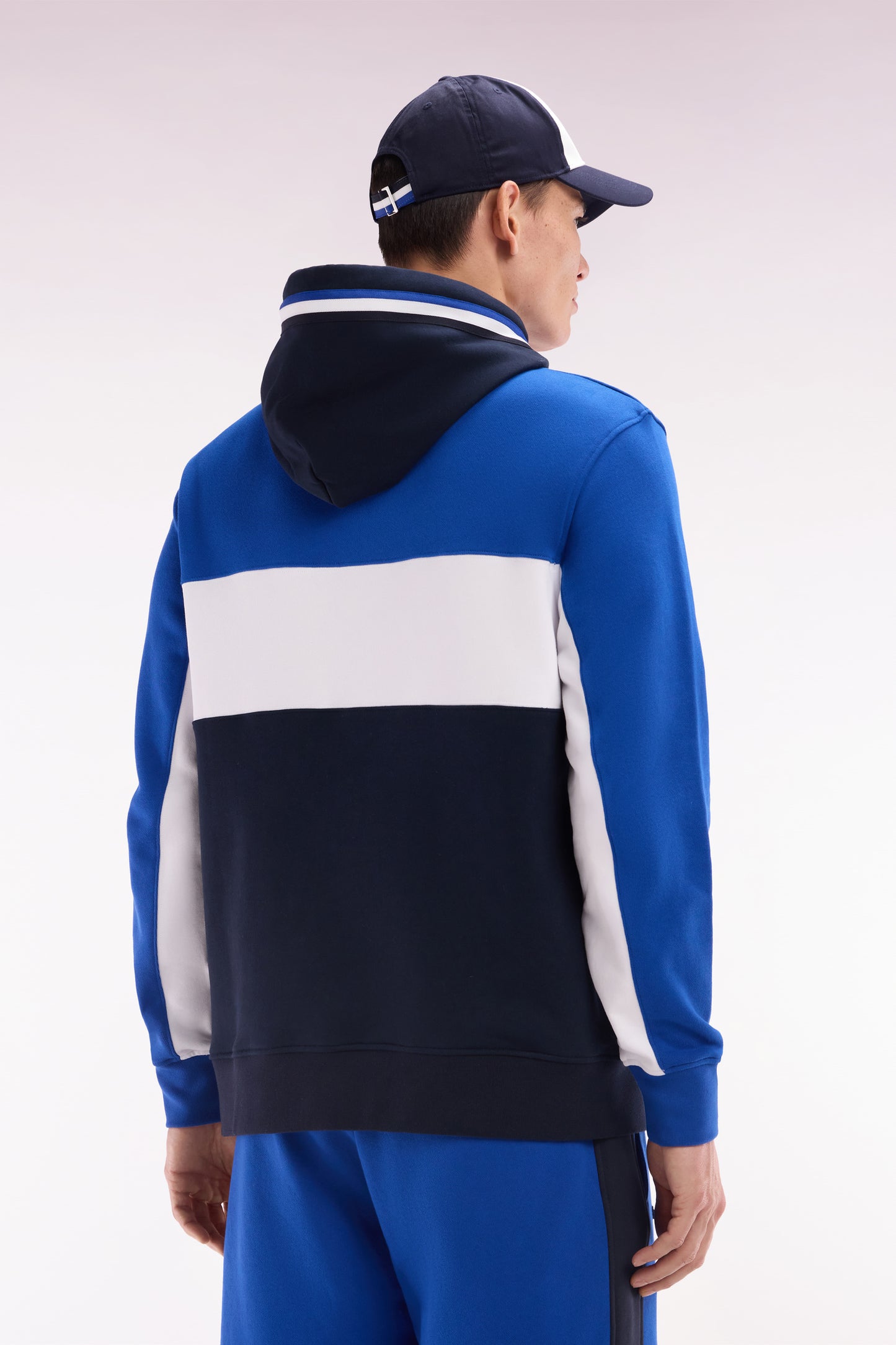 Relaxed-fit blue tricolor cotton fleece hoodie