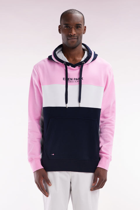 Sweatshirt à capuche en molleton coton tricolore rose coupe décontractée - Image 1