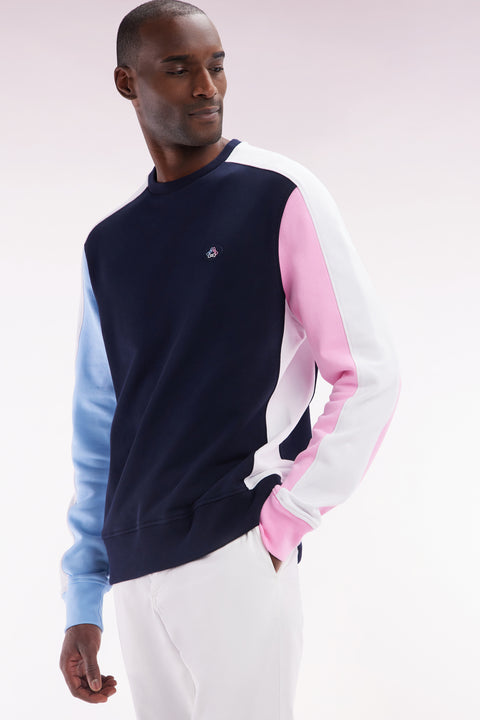 Sweatshirt tricolore en molleton coton marine coupe droite - Image 3
