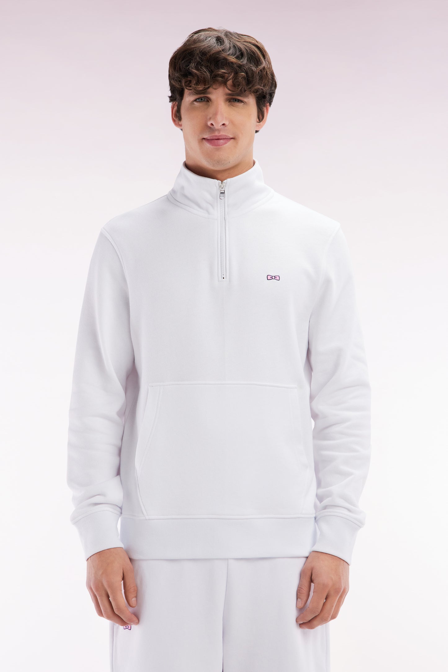 Straight-fit white cotton zip-neck sweatshirt
