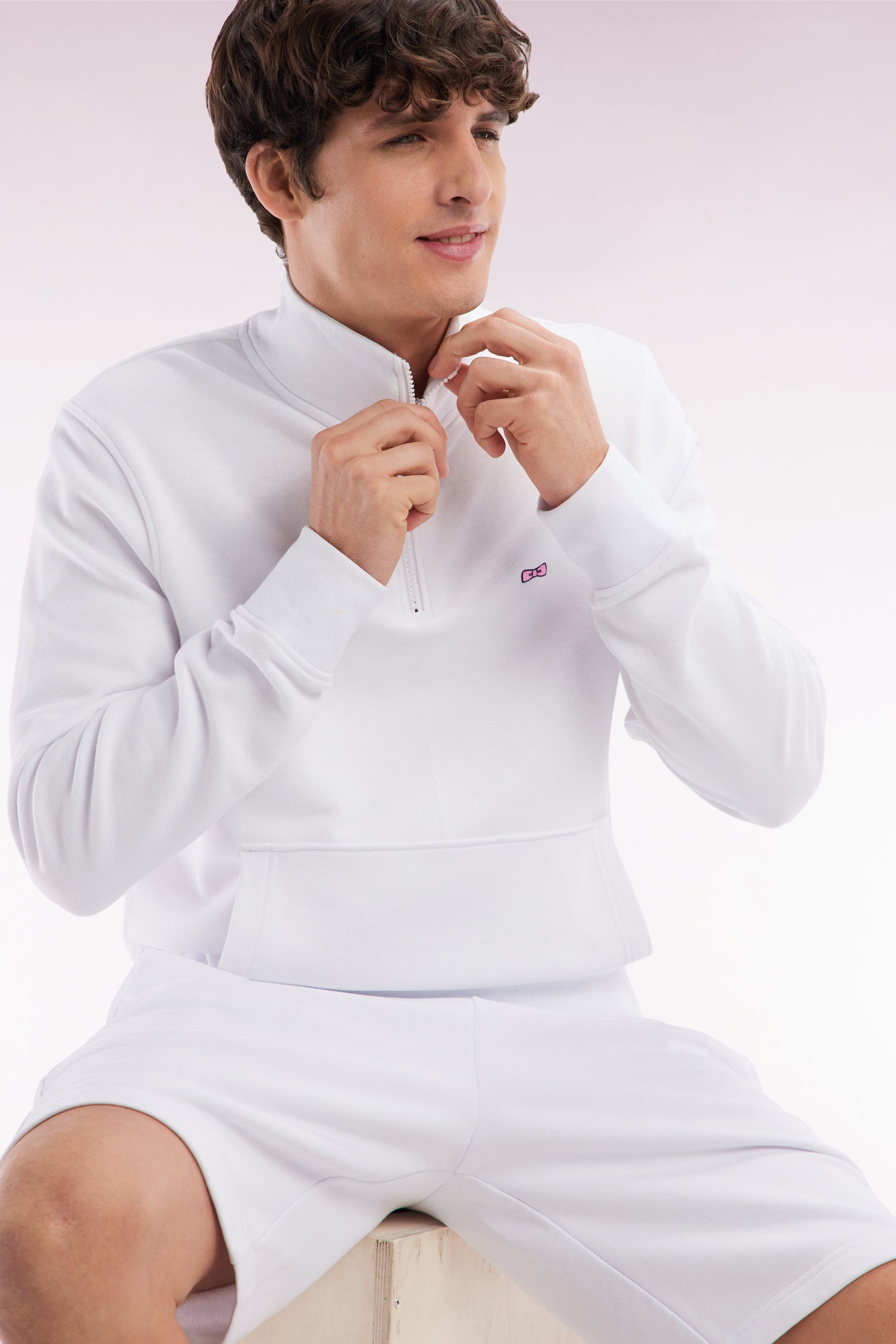 Sweatshirt à col zippé en coton blanc coupe droite – Eden Park