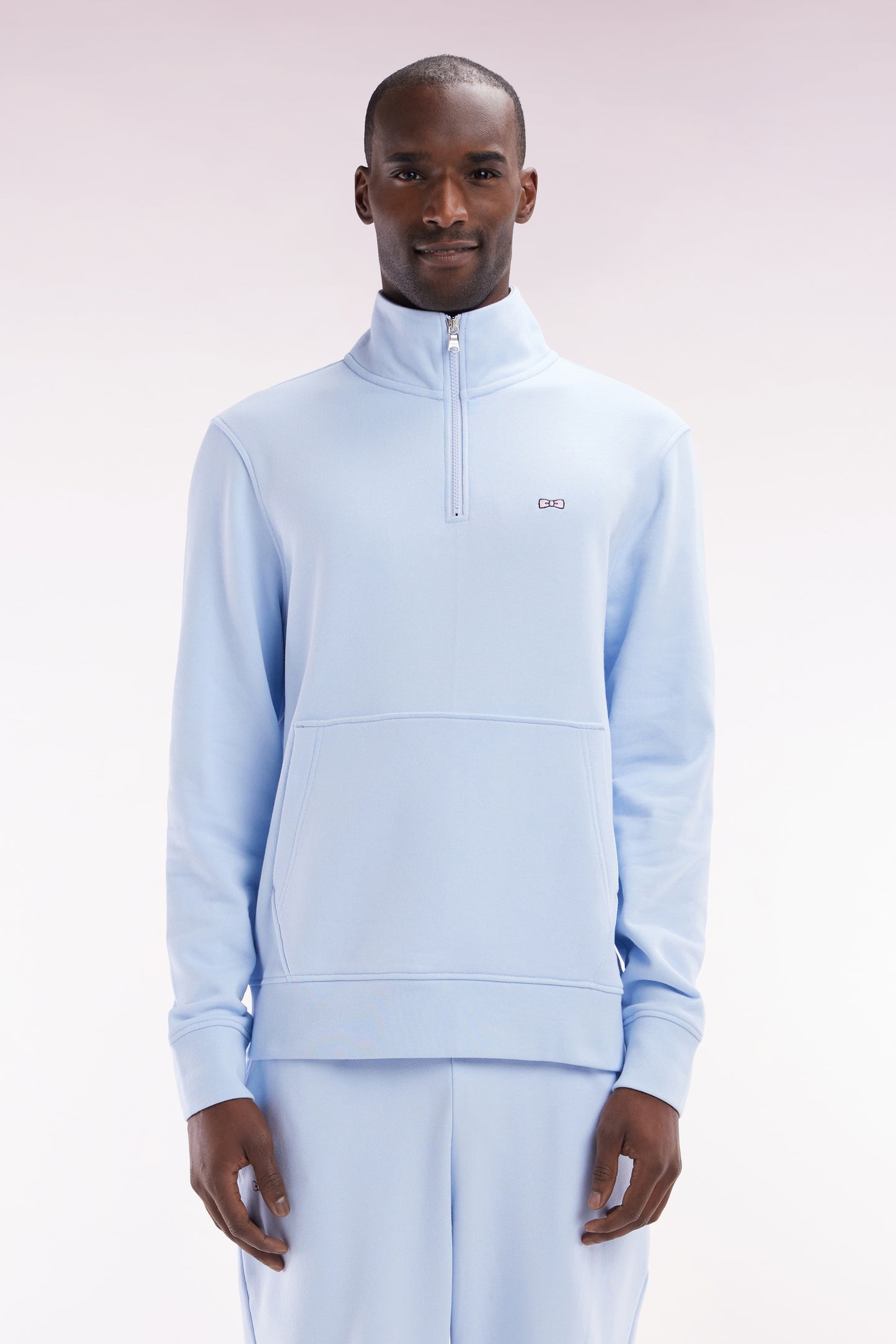 Straight-fit sky blue cotton zip-neck sweatshirt
