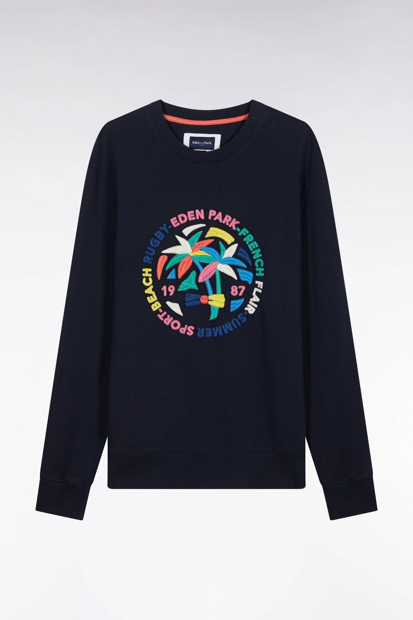 Relaxed fit navy cotton sweatshirt with multicolored palm tree embroidery