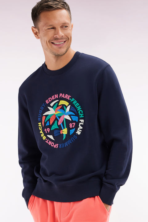 Sweatshirt en coton marine broderie palmiers multicolore coupe décontractée - Image 3