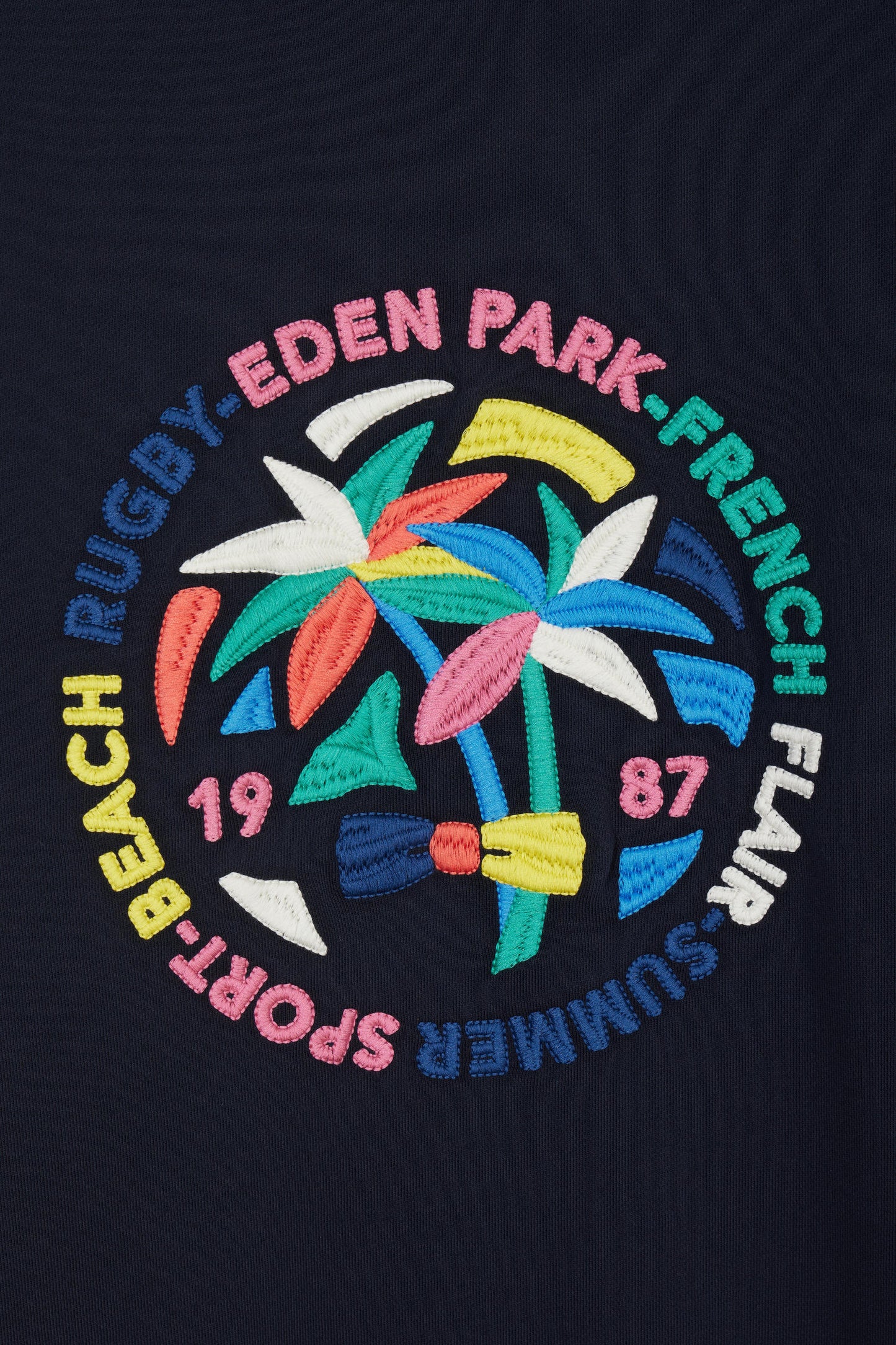 Relaxed fit navy cotton sweatshirt with multicolored palm tree embroidery