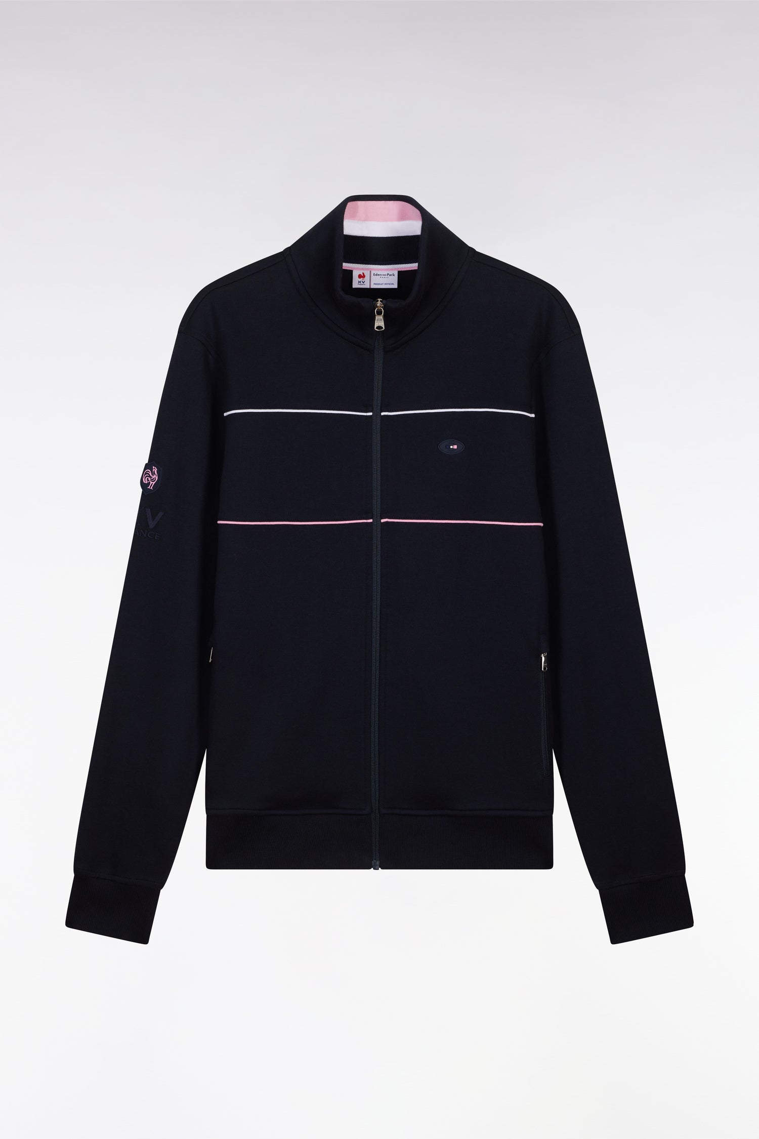 Sweatshirt zippé en coton stretch marine passepoil contrastés coupe droite