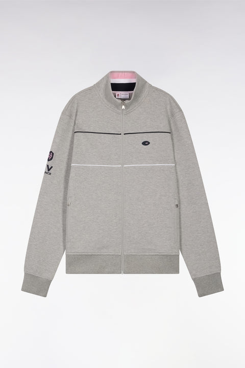 Sweatshirt zippé en coton stretch gris passepoil contrastés coupe droite - Image 1
