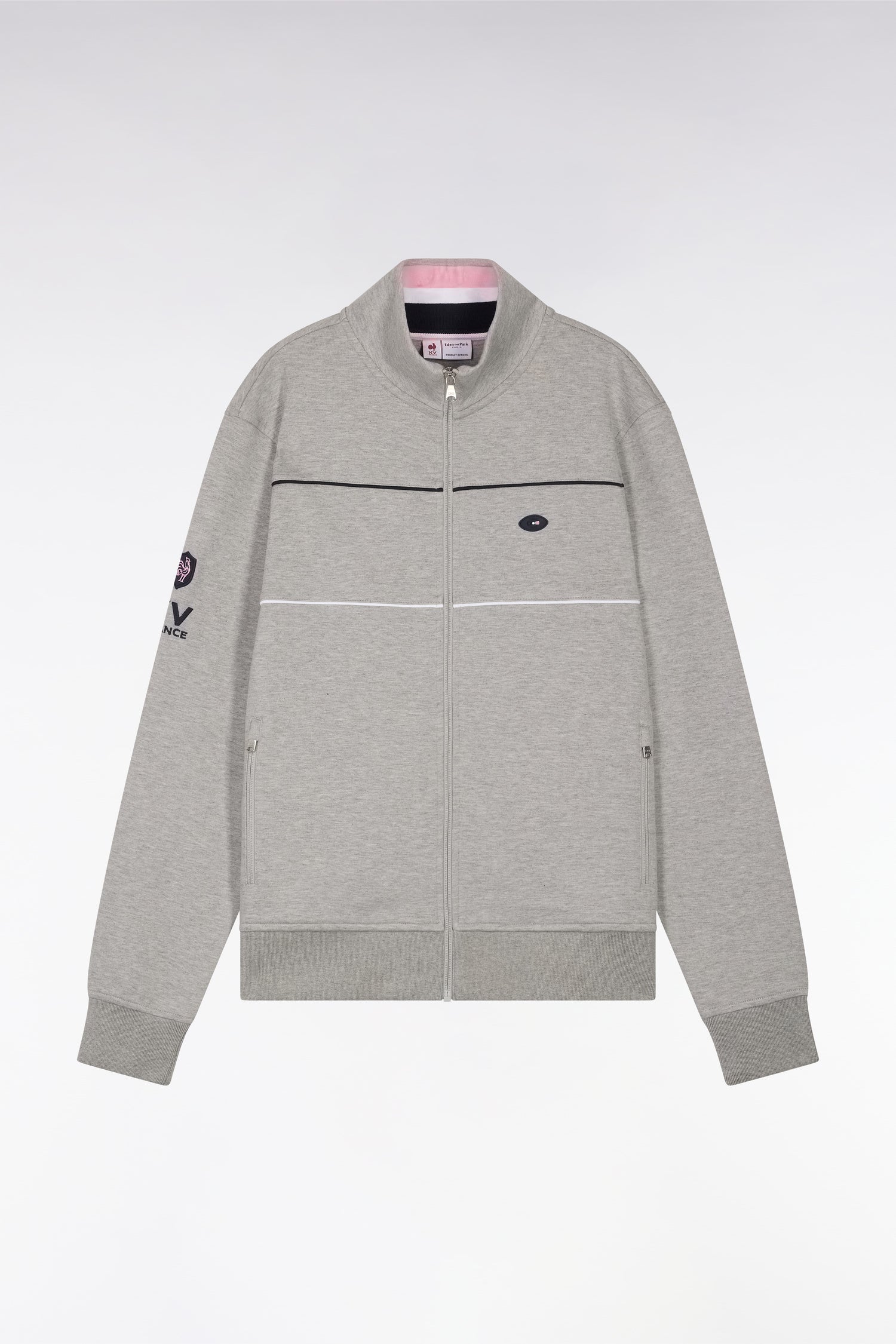Sweatshirt zippé en coton stretch gris passepoil contrastés coupe droite