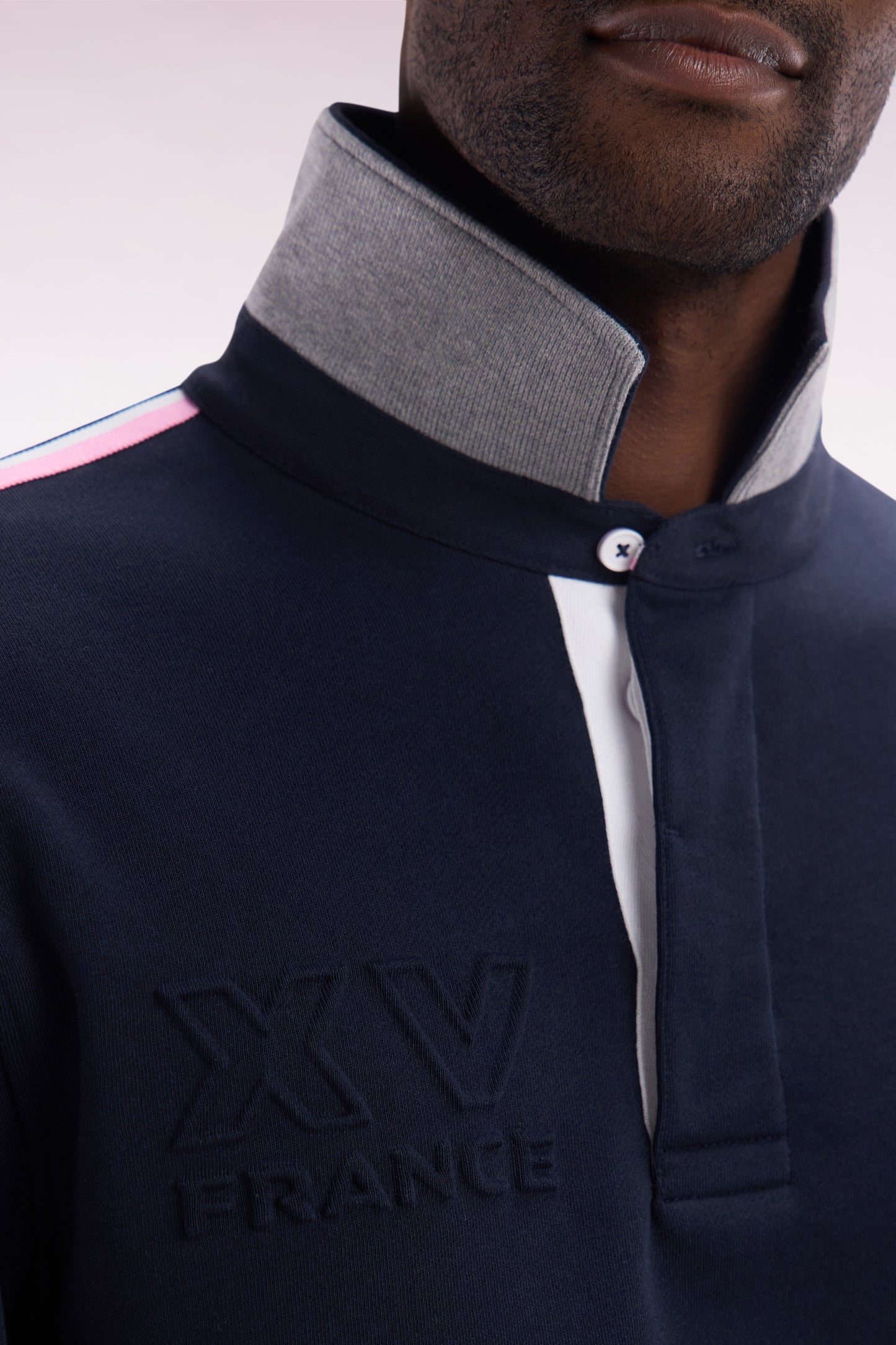 Straight-fit navy XV de France cotton sweatshirt with rugby shirt collar