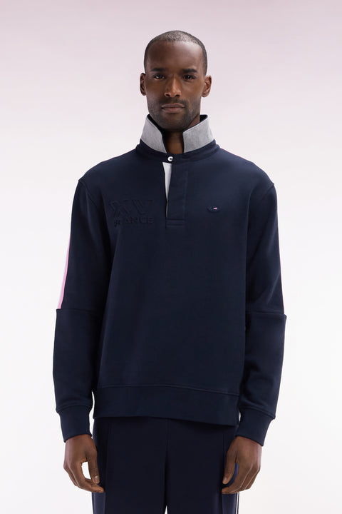 Straight-fit navy XV de France cotton sweatshirt with rugby shirt collar - Image 1
