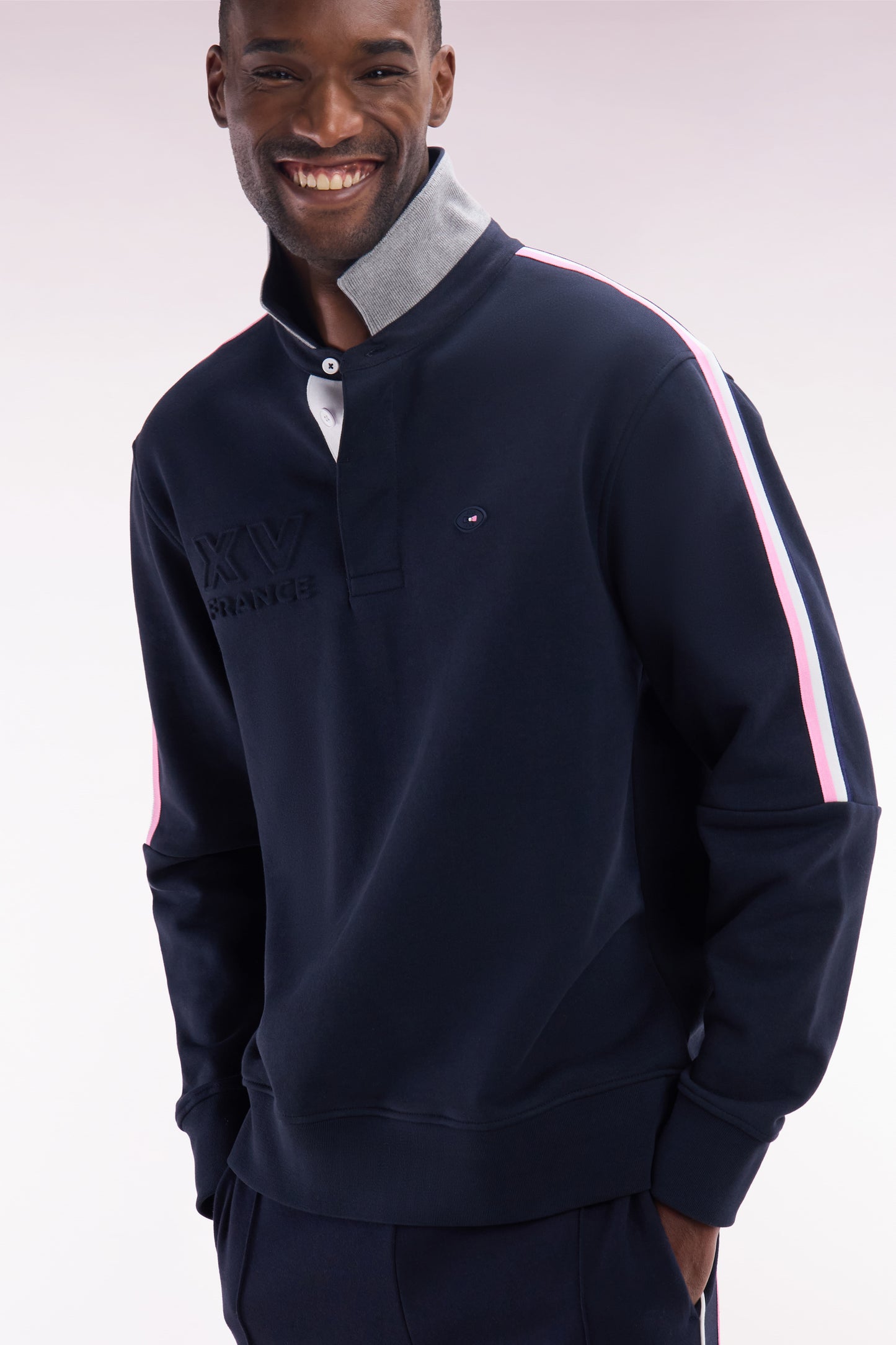 Straight-fit navy XV de France cotton sweatshirt with rugby shirt collar
