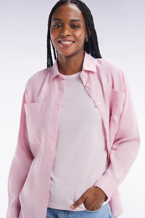 T-shirt uni rose pâle en lyocell et coton coupe droite - Image 1