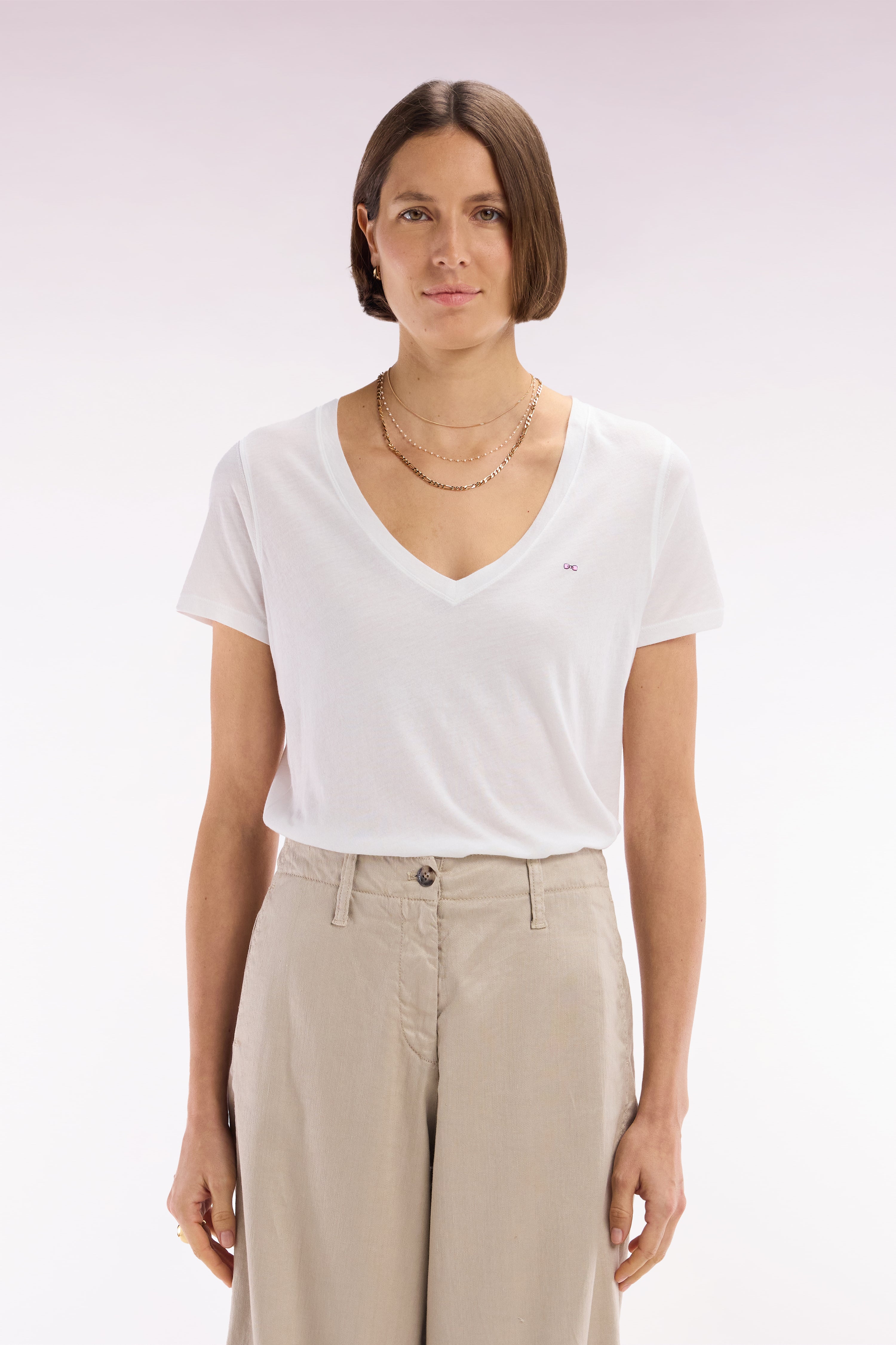 T-shirt à col V en jersey de coton Pima léger blanc coupe droite