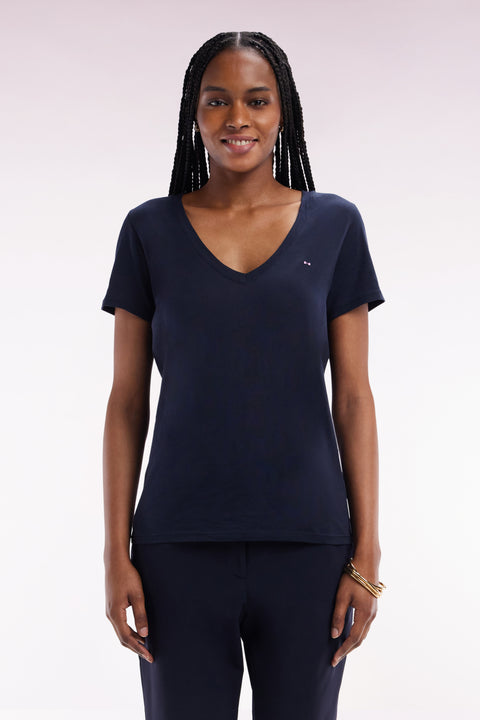 T-shirt à col V en jersey de coton Pima léger marine coupe droite - Image 3