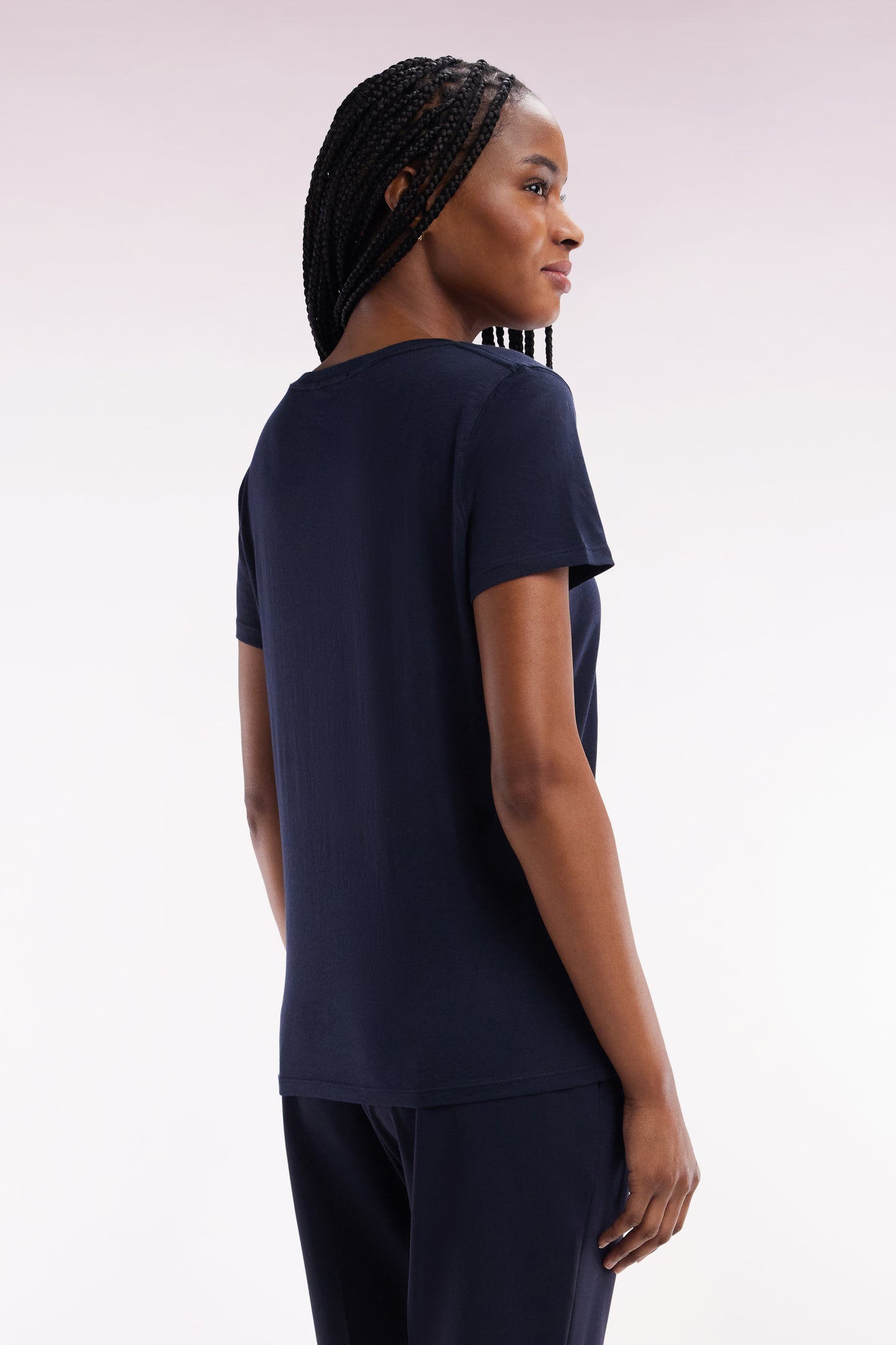 T-shirt à col V en jersey de coton Pima léger marine coupe droite