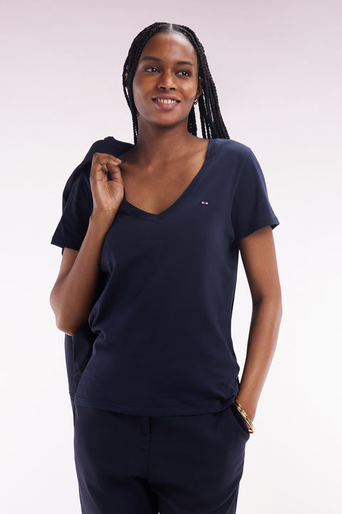 T-shirt à col V en jersey de coton Pima léger marine coupe droite - Image 1