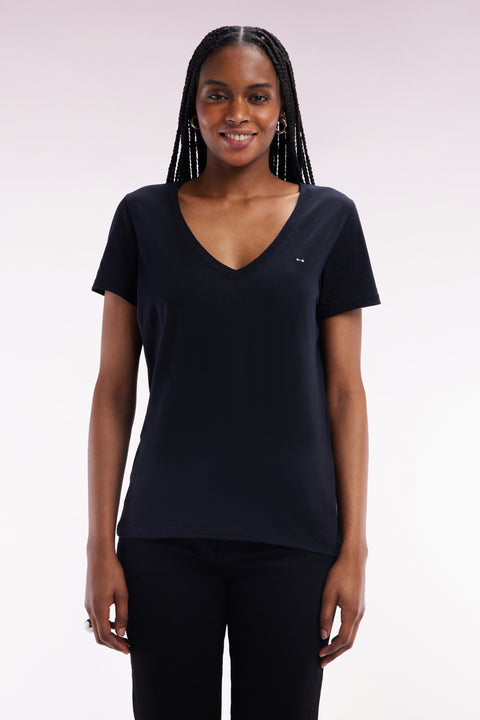 T-shirt à col V en jersey de coton Pima léger noir coupe droite - Image 1